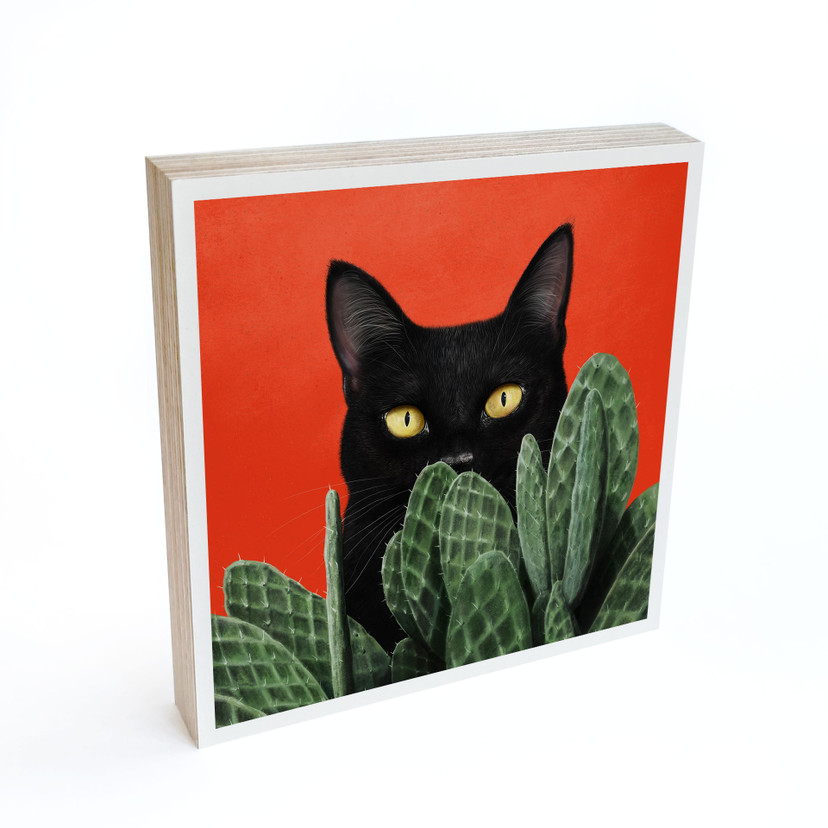 Holzbild zum Hinstellen - Schwarze Katze im Kaktus-Versteck - Korenkova - 15x15 cm