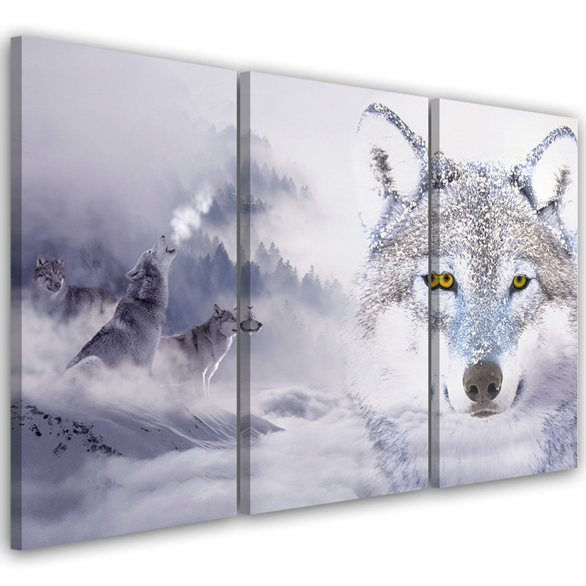 3 stykke lærredsprint, Wolf Forest Fog Nature Grey