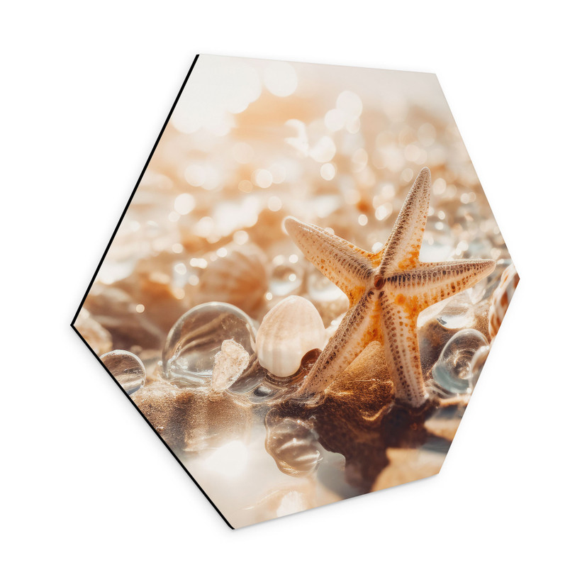 Sekskantet Billede Skaller på en solrig strand - Treechild - Aluminium Dibond