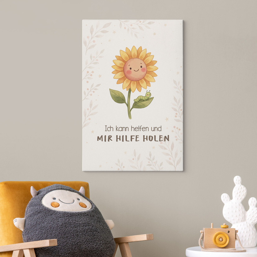 Leinwandbild mit Sonnenblume und Raupe - Affirmation 'Ich kann helfen' für Kinder