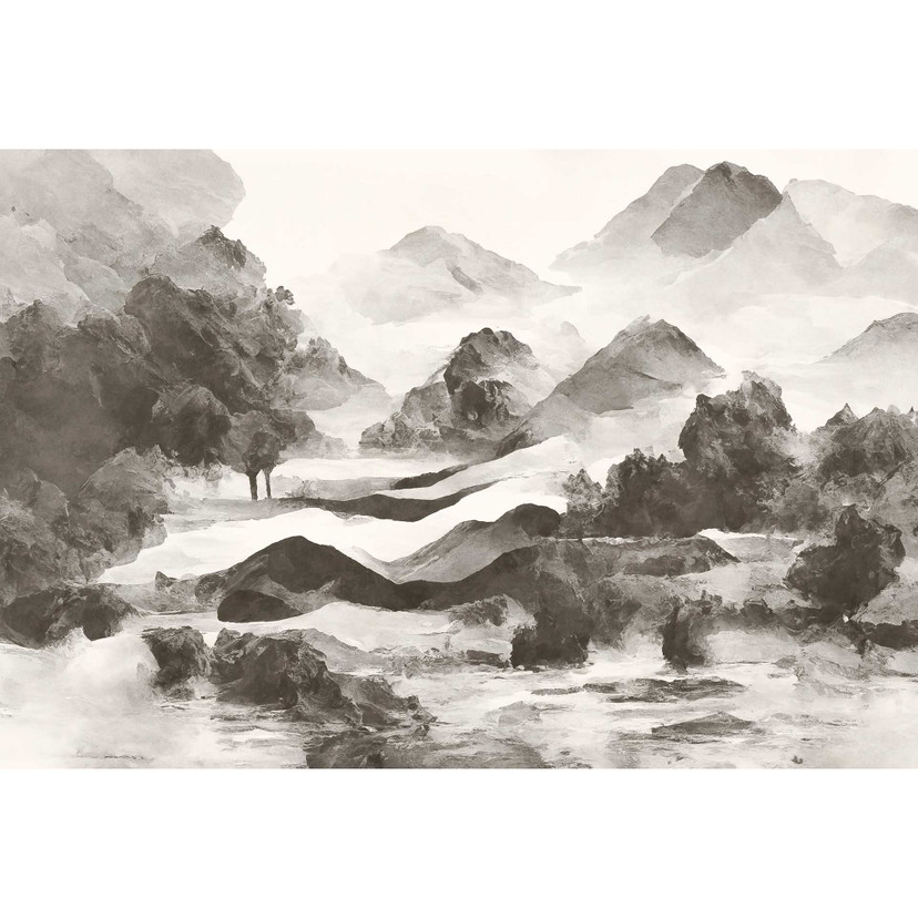 Papier peint monochrome paysage de montagne - aspect artistique aquarelle
