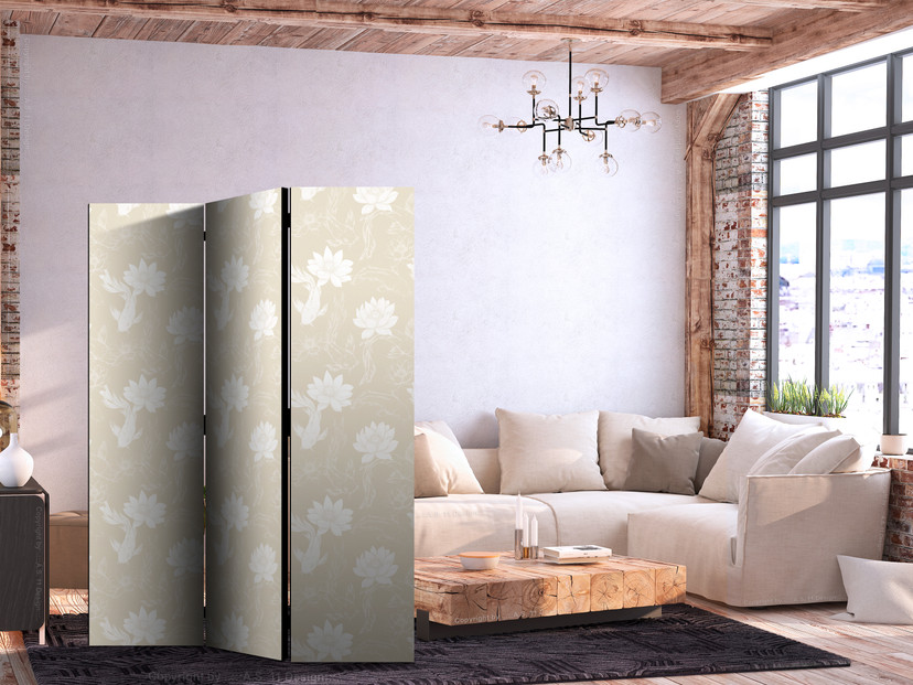 Paravent, Raumteiler freistehend, Trennwand - Fish and Water Lilies on a Delicate Sand-Beige Backgro
