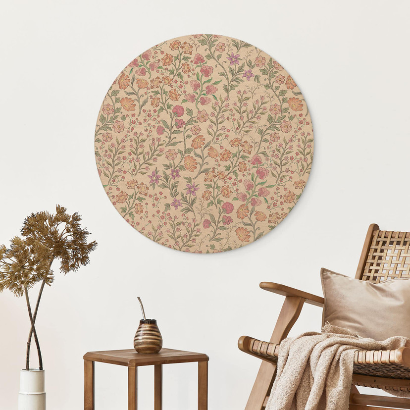 Vintage Houten Wanddecoratie Weidebloemen - Beige - Bloemdecor - Rond