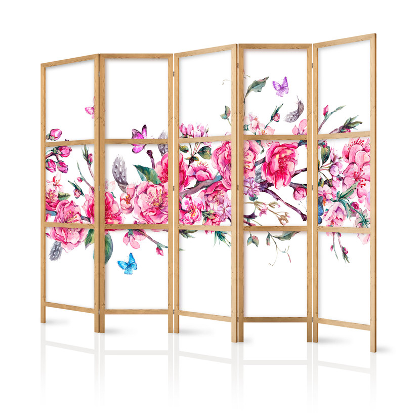 Japanischer Paravent, Raumteiler freistehend, Trennwand - Japanischer Stil: Blumen und Schmetterling