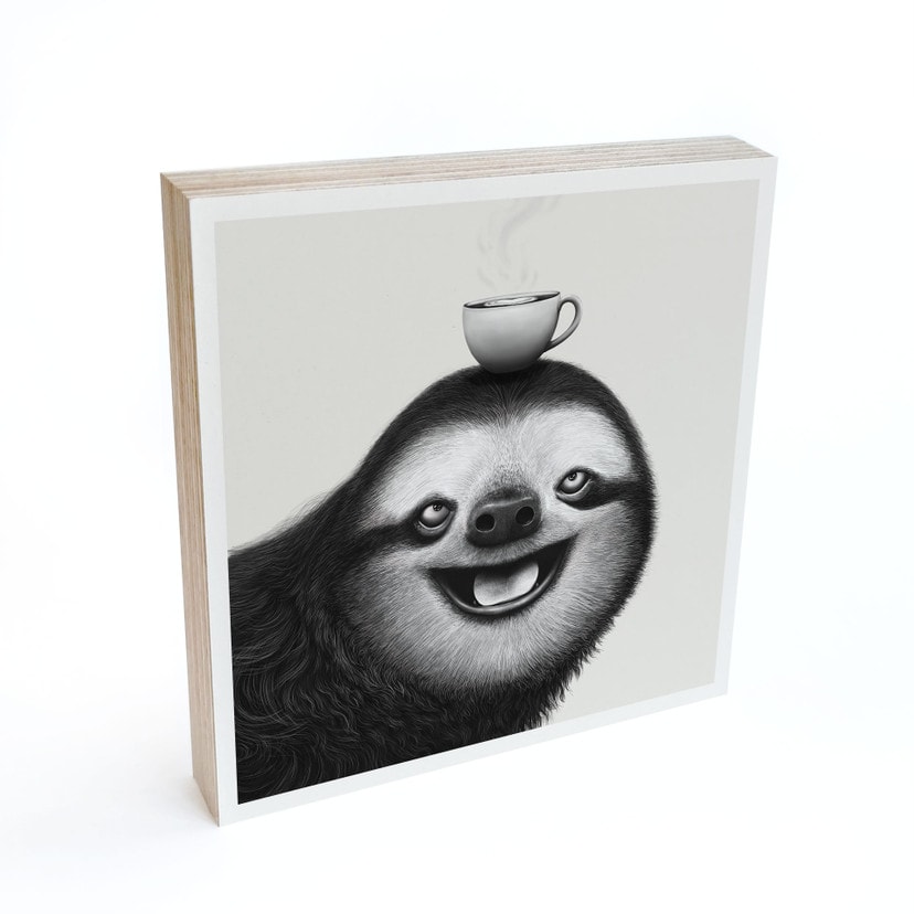 Tableau sur bois à poser - Paresseux joyeux avec café - Korenkova - 15x15 cm