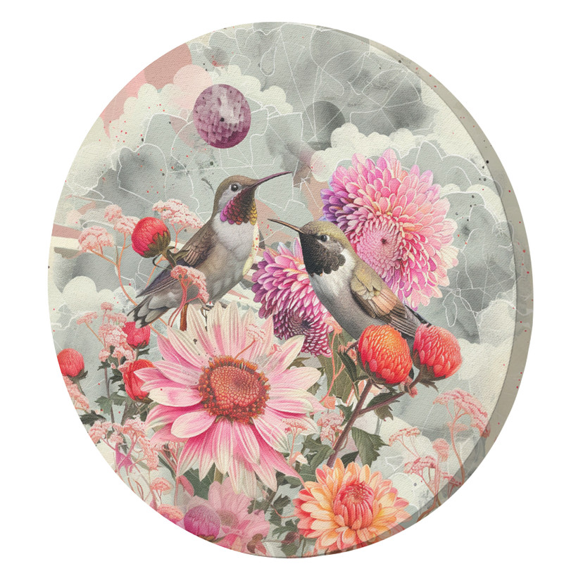 Rundes Leinwandbild Bunte Blumen und Kolibris