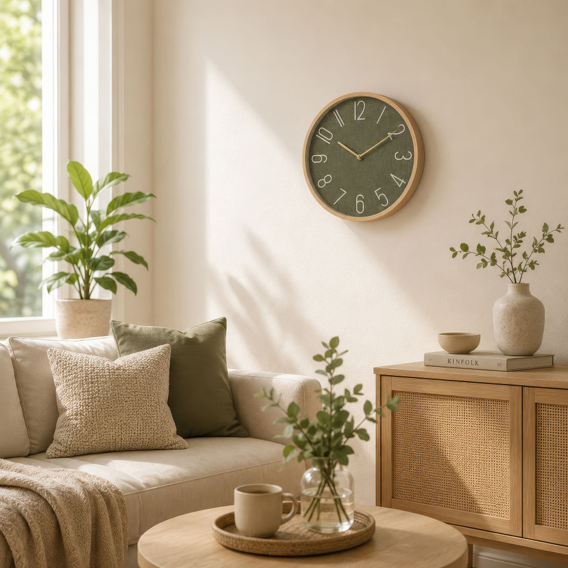 Horloge murale verte effet bois, horloge à quartz ronde avec chiffres clairs et look naturel 30x30x4 cm