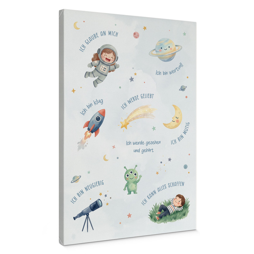 Leinwandbild - Affirmationen Weltraum mit Astronautin und Alien