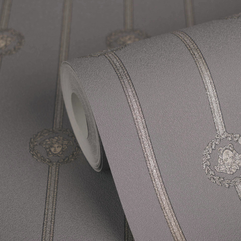 Versace Tapeta z włókniny I Love Barokowe paski Medusa Taupe Silver luksusowy