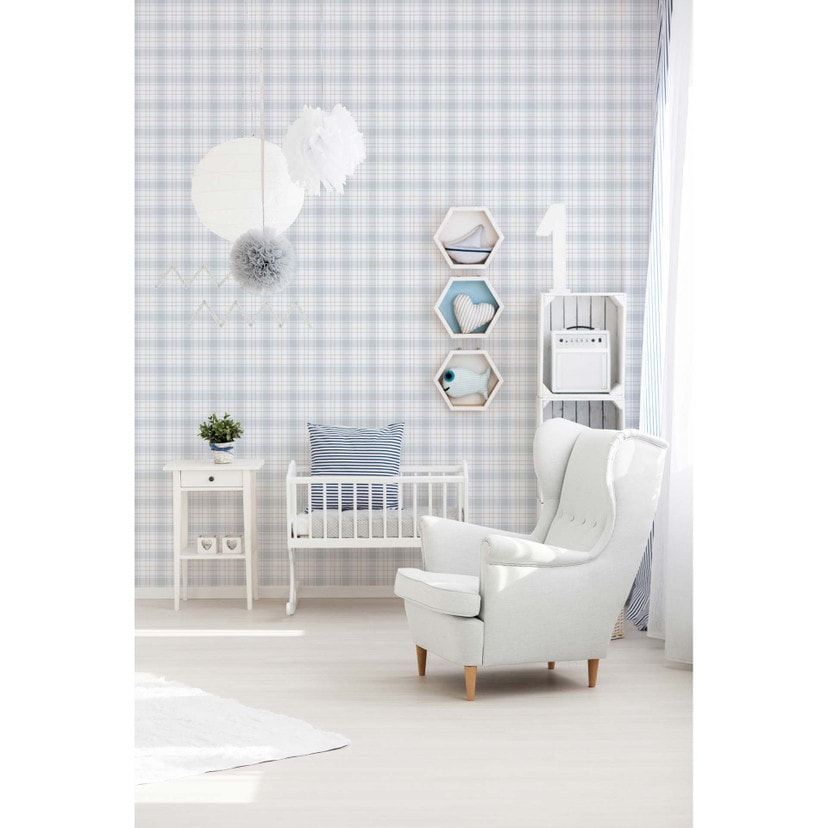 Tapet til børneværelset i blå og ternet non-woven tapet fra Little Love Made in Germany