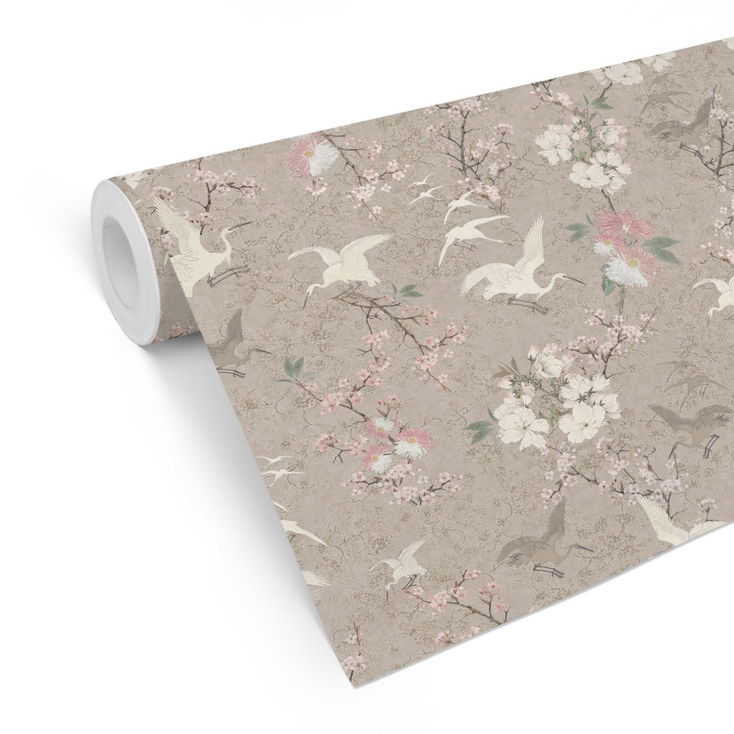 Tapet med mønster Japandi tapet kraner i kirsebærblomstrende beige - Bloomery Decor