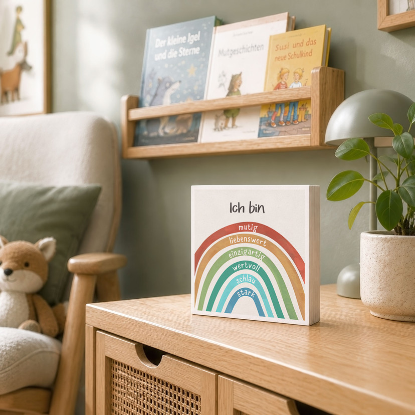 Holzbild zum Hinstellen - Regenbogen mit Mutmachsätzen