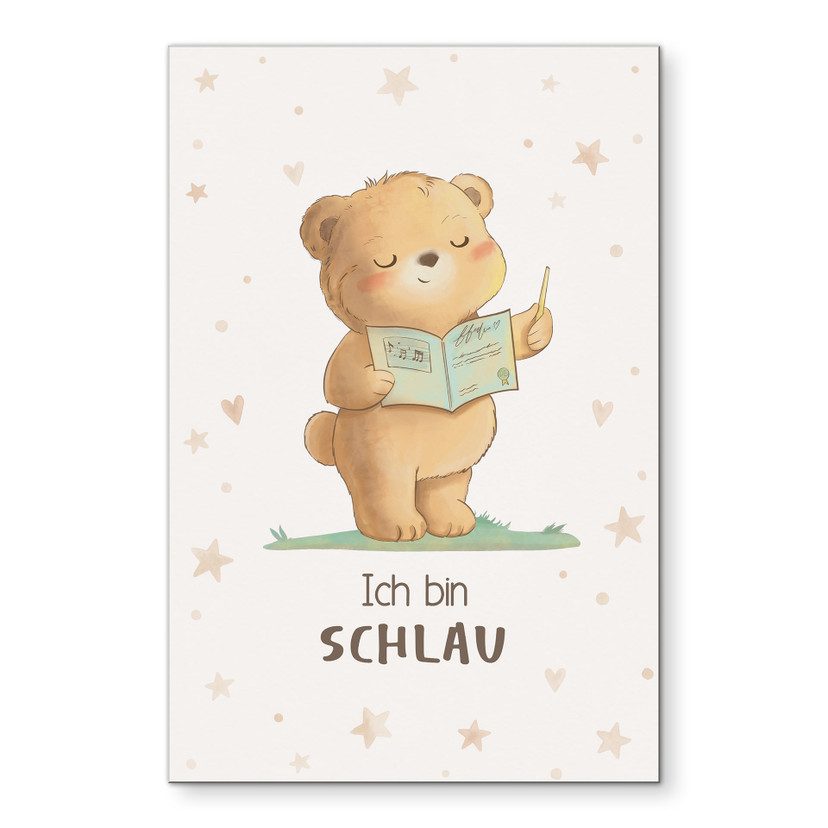 Alu-Dibond Wandbild mit lesendem Bär - Kraftsatz 'Ich bin schlau' für Kinder