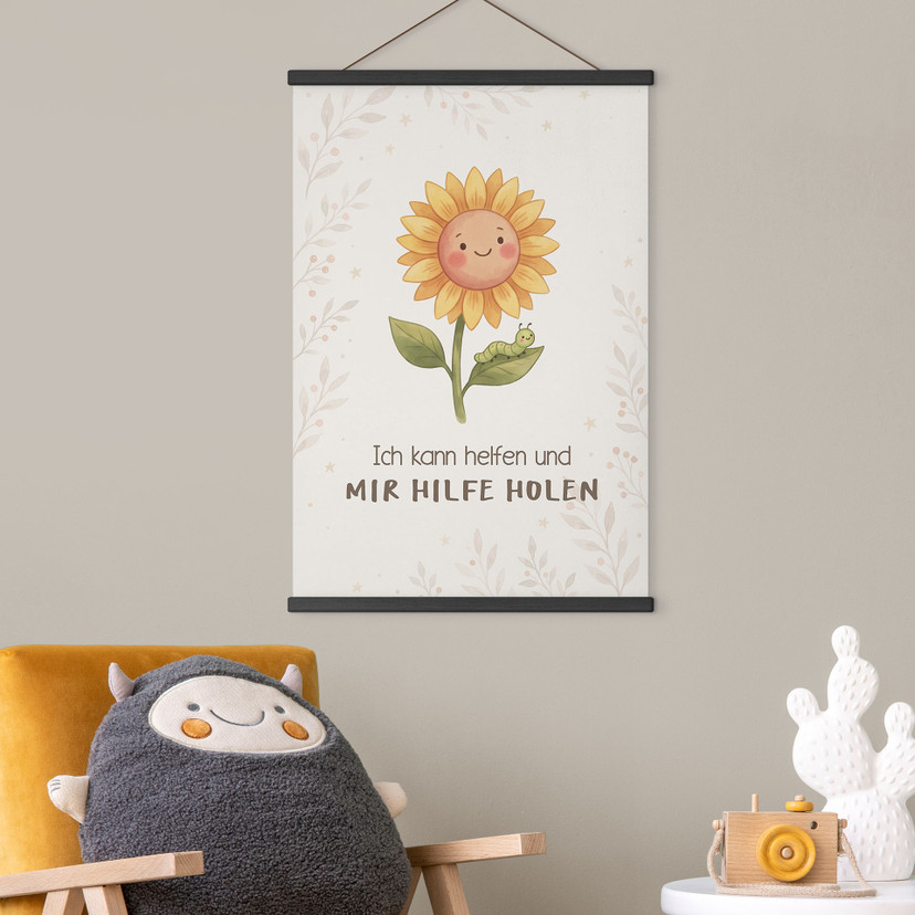 Stoffbild mit Sonnenblume - Selbstliebe-Spruch 'Ich kann helfen'