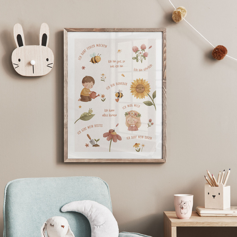 Kinder-Poster - Affirmationen Blumen mit Biene und Marienkäfer