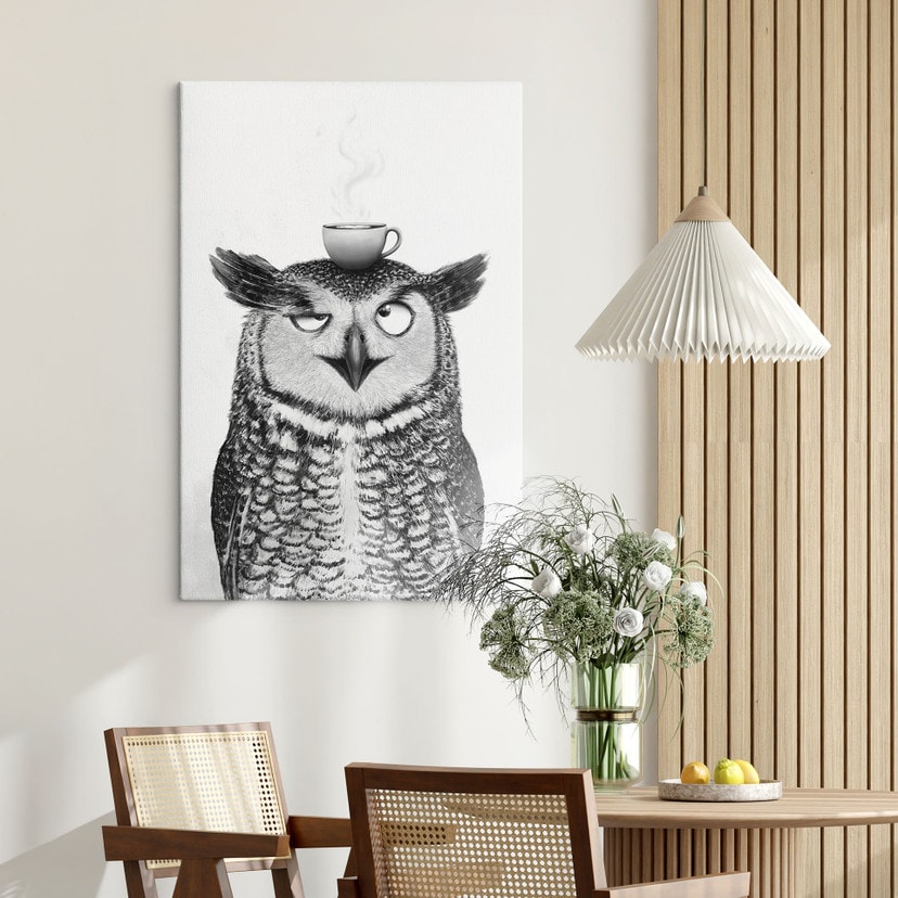 Canvas schilderij Grappige Uil met Koffie - Korenkova