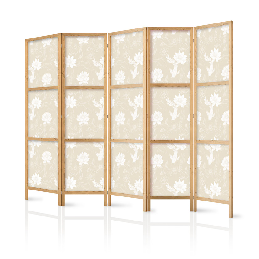 Japanischer Paravent, Raumteiler freistehend, Trennwand - Fish and Water Lilies: Sand-Beige Backgrou