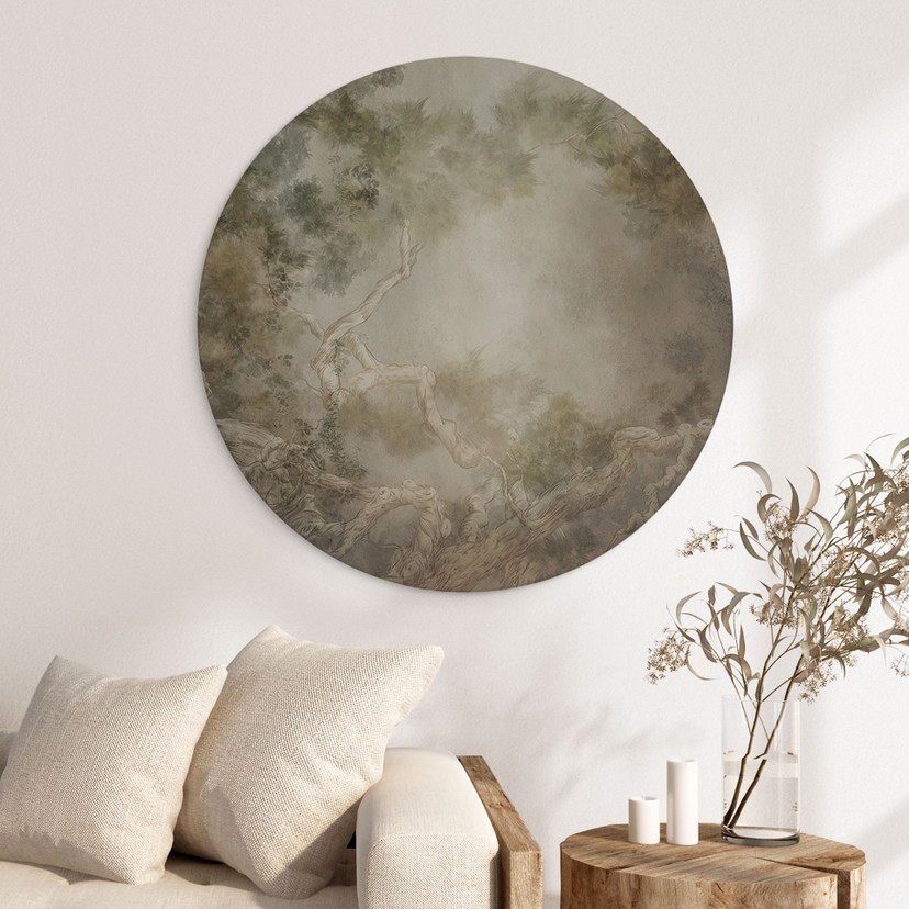 Wanddecoratie bos met zicht in de boomtoppen - Ms Tiff - Alu-Dibond Rond