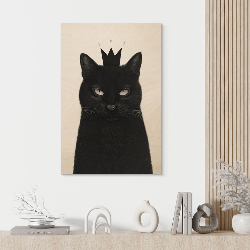 Tableau en bois Chat noir avec couronne - Korenkova