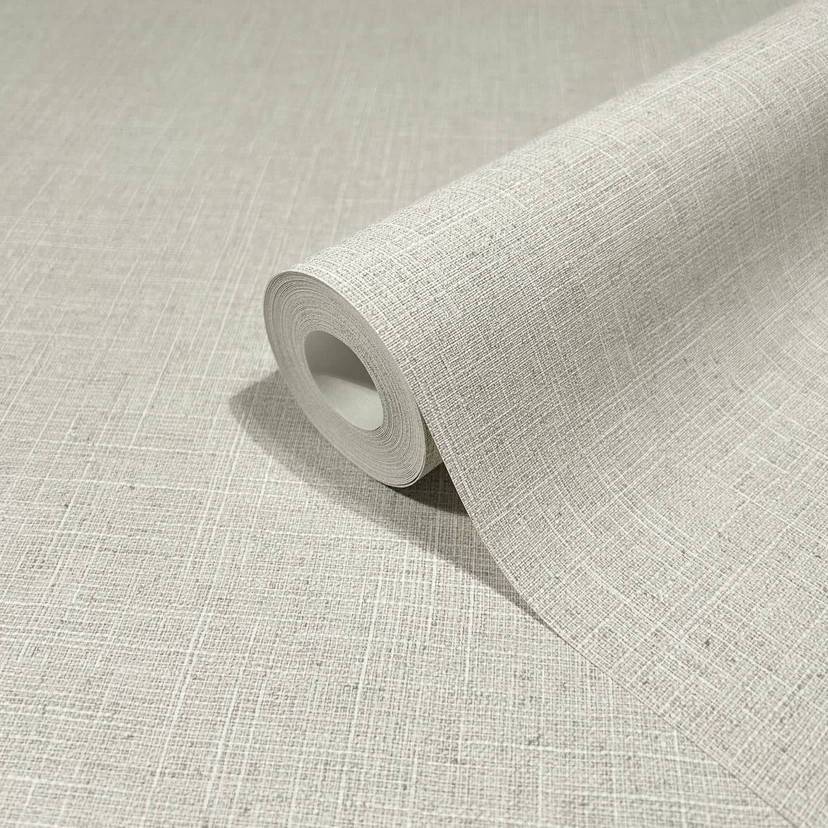 Non-woven tapet i ensfarvet tekstil look grå, beige ensfarvet