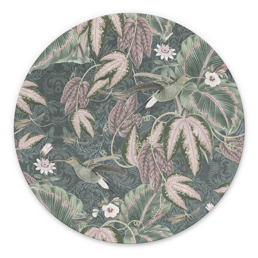 Billede af kolibri i en tropisk skov - Bloomery Decor - rund – print på aluminium (Alu-Dibond)