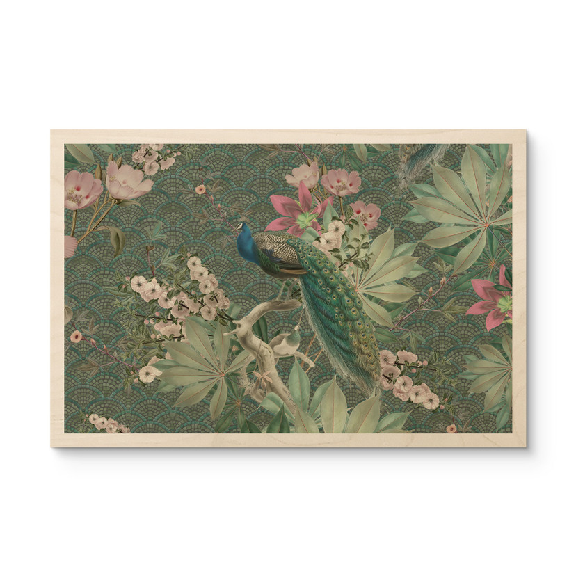 Obraz drewniany paw w tropikalnym ogrodzie na mozaice - Bloomery Decor