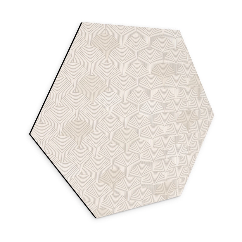 Sekskantet Billede med abstrakte halvcirkler i blød beige - Bloomery Decor - Alu-Dibond