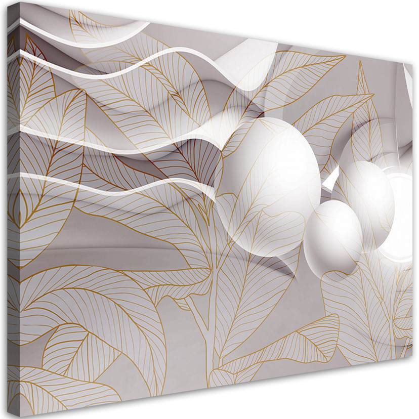 Canvasbillede, gyldne blade og 3D-kugler