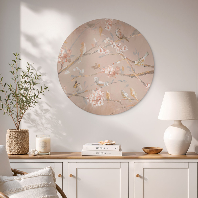 Wanddecoratie Vogels op Kersenbloesem - Cheney - Alu-Dibond Rond