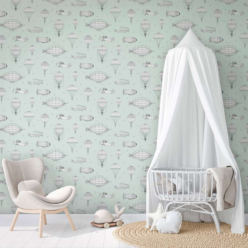 Børnetapet, non-woven tapet med illustration Kids Walls grøn, hvid
