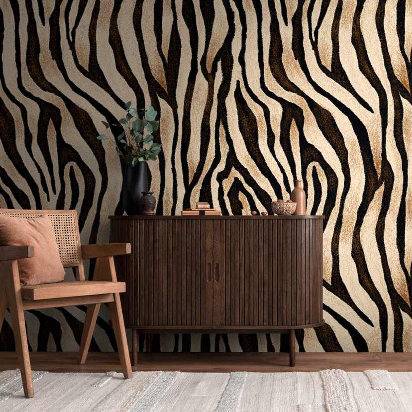 zebra patroon behang beige zwart - vliesbehang dierenprint - exotisch behang
