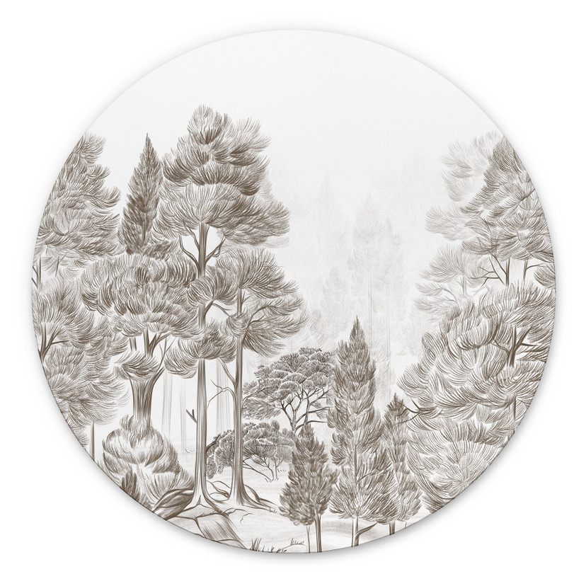 Wanddecoratie Bos met boslandschap in beige - Ms Tiff - Alu-Dibond Rond
