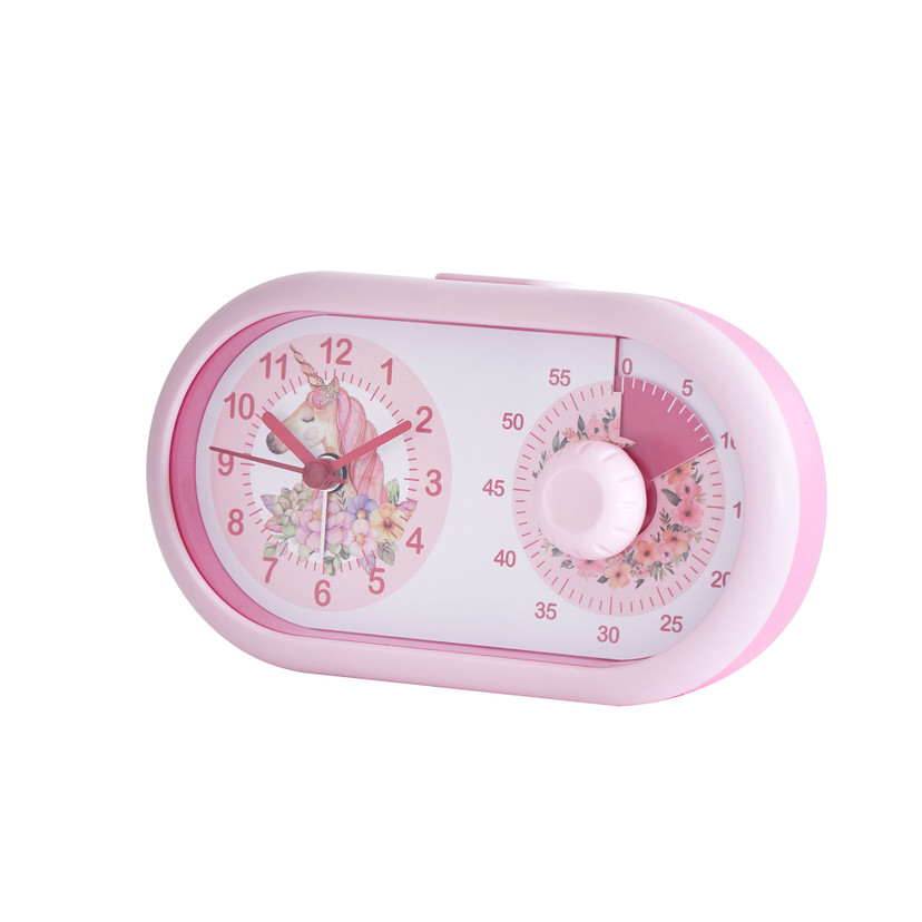 Kinderuhr Tischuhr mit Wecker und Timer-Funktion, Einhorn rosa, 16x9,5 cm