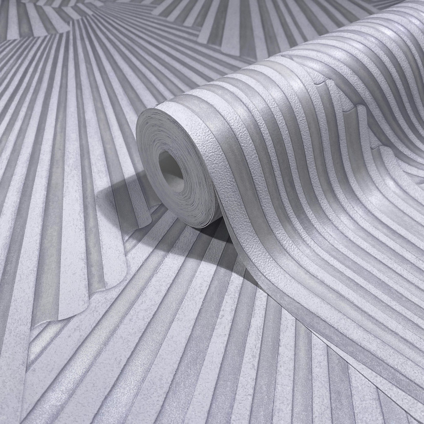 Tapeta z włókniny o wyglądzie 3D, geometryczna grafika w paski w kolorze szarym