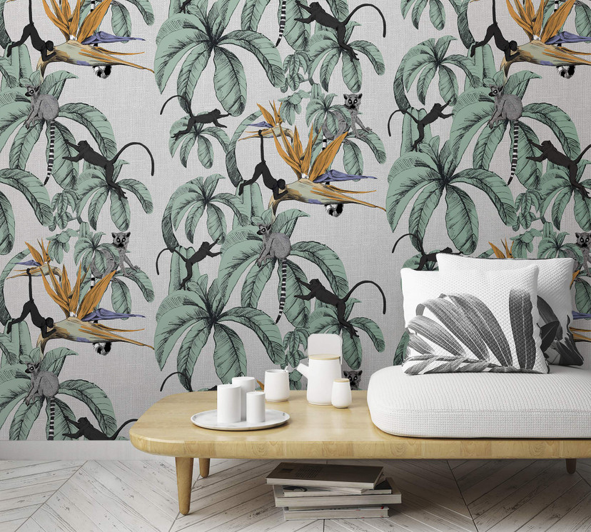 Fototapet med aber og planter, grå illustration 2.70 x 2.12 m