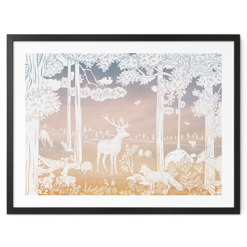 Plakat Spokojny las z jeleniami i lisami - Ombre - Kikki Belle
