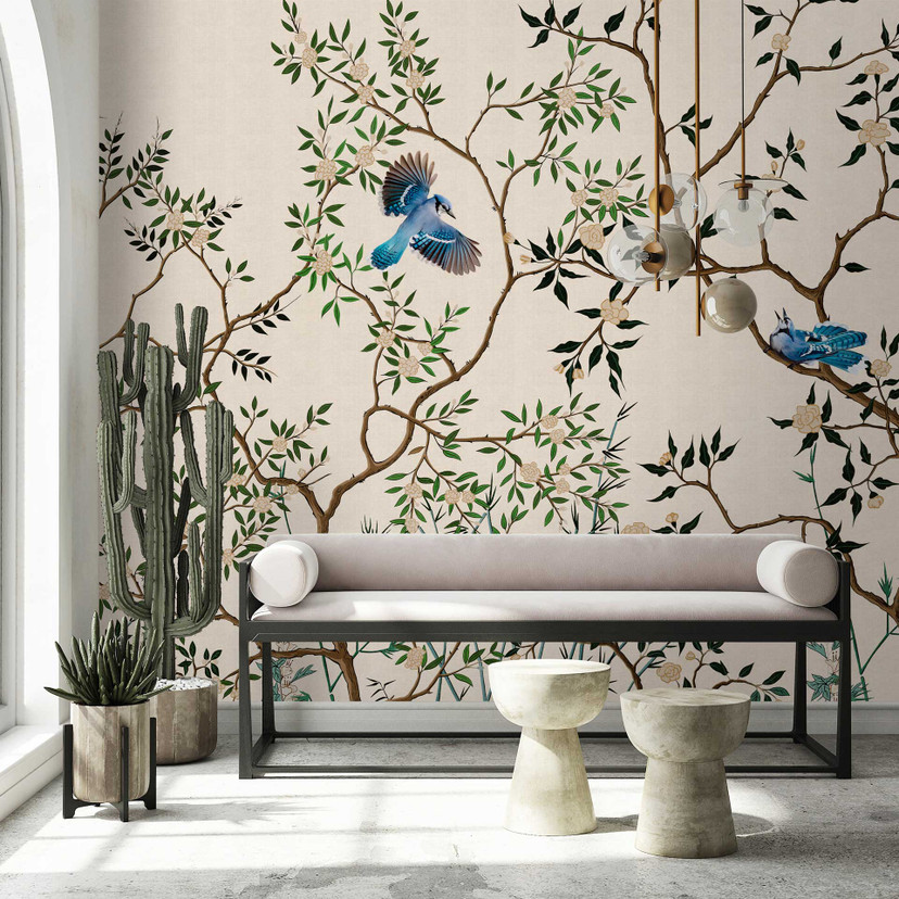 Papier peint photo oiseaux asiatiques sur branches - intissé beige avec motif naturel