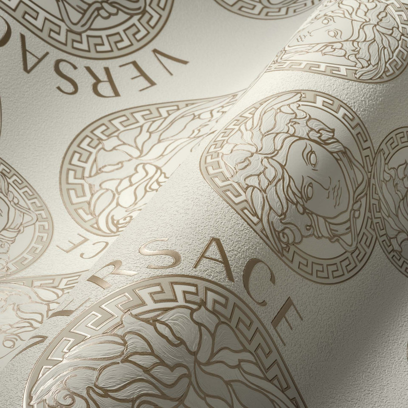 Versace Home włóknina perłowa beżowa głowa meduzy luksusowa designerska tapeta biała
