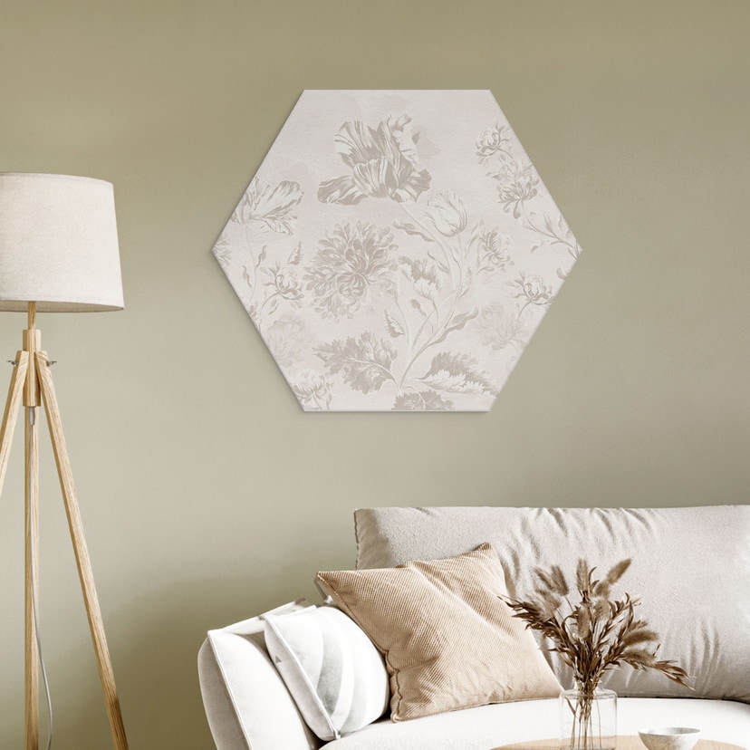 Sekskantet Billede af vilde blomster i kridtlook Greige - Bloomery Decor - Alu-Dibond