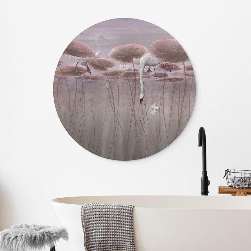 Wanddecoratie lotusbloemen met zwaan in water in schemerroze - Ms Tiff - Alu-Dibond Rond