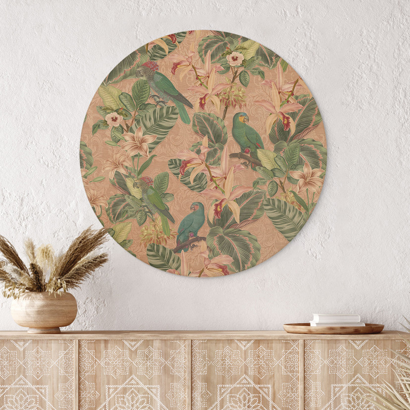 Obraz drewniany dżungla z papugami różowy - Bloomery Decor - Okrągły