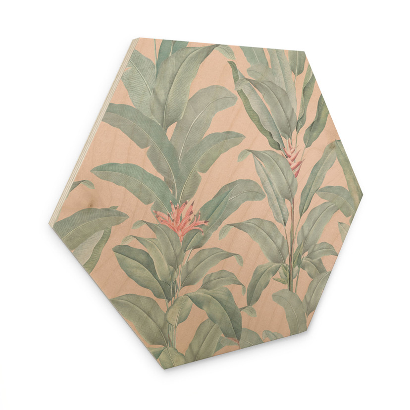 Tableau sur bois hexagonal Urban Jungle Feuilles tropicales roses - Décor Bloomery