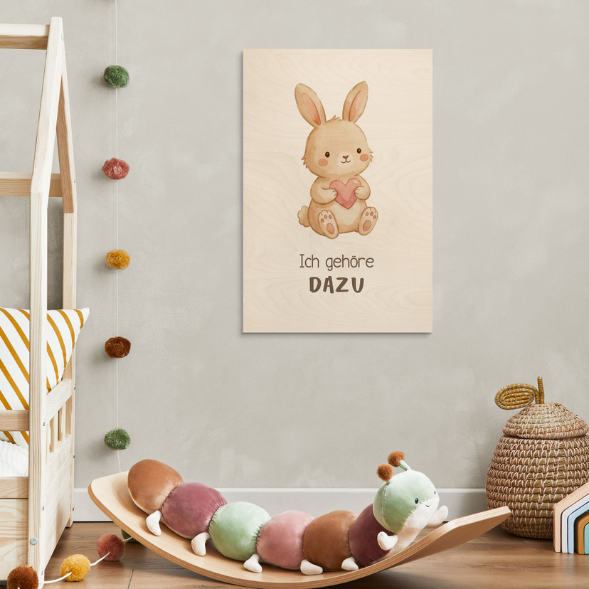 Holzbild mit Hase und Herz - Glaubenssatz 'Ich gehöre dazu' fürs Kinderzimmer