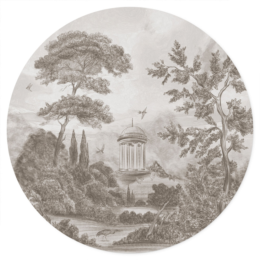 Muursticker landschap met tuin in beige - Ms Tiff - Rond