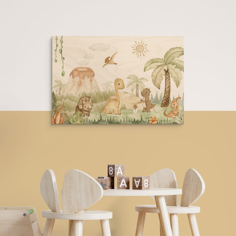Plakat drewniany Małe dinozaury w wielkiej podróży odkrywczej - Oliver Robins