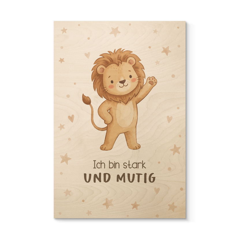Holzbild mit Löwe - Glaubenssatz 'Ich bin stark und mutig' fürs Kinderzimmer