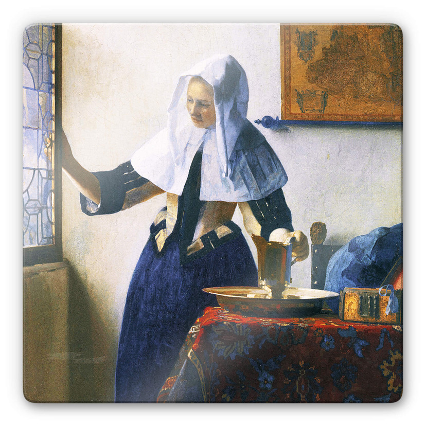 Glasschilderij Vermeer - Vrouw met Waterkan