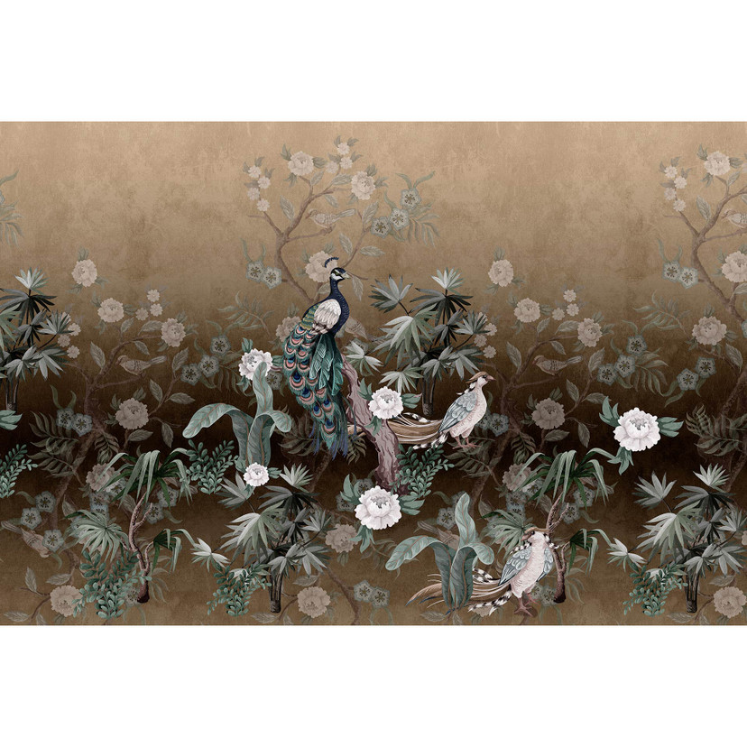 Fotomural Paredes de Patel 3 Peacock Island 2 marrón, verde, beige, blanco