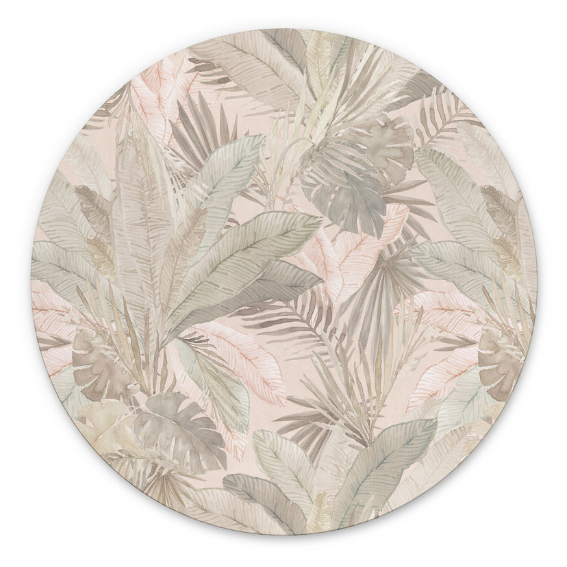 Wanddecoratie tropische bladeren in de jungle pastel - Bloemdecor - Alu-Dibond Rond