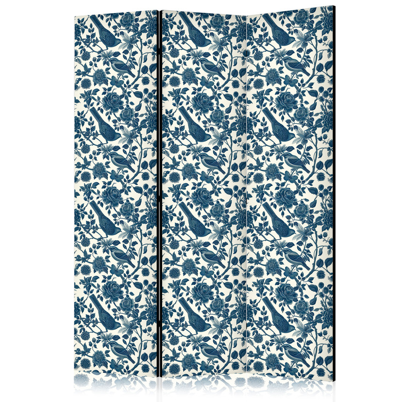 Paravent, Raumteiler freistehend, Trennwand - Rose Vines - Monochromatic Blue Birds Resting Among Ro